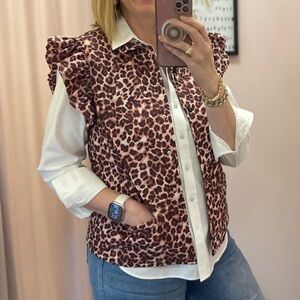 Leopard Print Ruffle Sleeve Puffer Vest